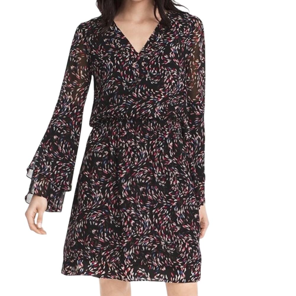 WHBM Blouson Waist Dress Size 8 Sheer Chiffon Double Layer Bell Sleeves Romantic